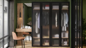 Спальный гарнитур «Порто» №4 Яблоня Беллуно/Графит/Стекло сатин черное в Нягани - nyagan.mebel-tymen.ru | фото